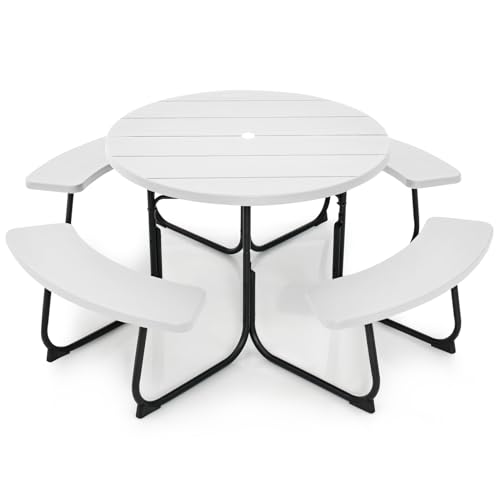 Tangkula 8 Person Picnic Table, Outdoor Round Picnic Table with 4 Built-in Benches, Umbrella Hole, Metal Frame & HDPE Tabletop, Outside Table and Bench Set for Backyard, 2300lbs Weight Capacity - color: White