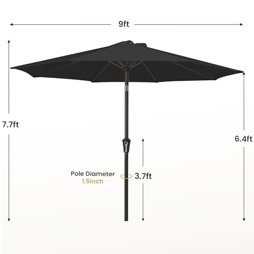 MEWAY 9ft Patio Umbrella Outdoor Table Umbrellas with Push Button Tilt and Crank, Market Umbrella 8 Sturdy Ribs for Deck, Garden, Pool and Backyard, Black - color: Black, size: 9ft