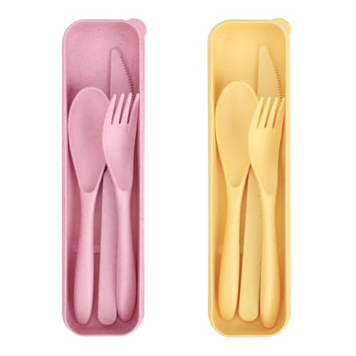 2 Sets Reusable Utensil Set with Case, Portable Camping Fork Knife Spoon Set, Travel Utensils for Lunch Box, for School Work Lunch or Daily Use (Pink, Light yellow) - color: Pink, Light yellow