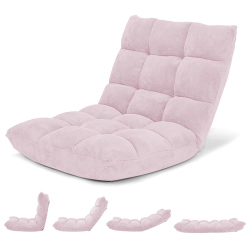 Giantex Floor Chair with Back Support, 14 Adjustable Position, Padded Sleeper Bed, Couch Recliner, Gaming Floor Chairs for Meditation, Adults, Living Room, Gaming Chair Floor, Light Pink - color: Light Pink, size: 26.5"x22.5"x22"