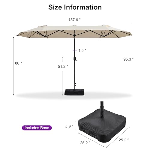 PURPLE LEAF 13ft Patio Market Umbrella with Base Double-Sided Rectangle Outdoor Table Sun Umbrellas with Crank 12 Heavy Duty Sturdy Ribs for Pool Beach Deck Backyard Khaki - color: Beige, size: 13' X 7'