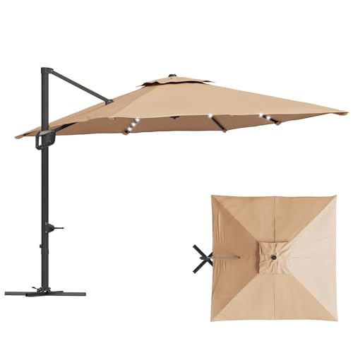 9ft Outdoor Patio Umbrella Heavy Duty 8 Ribs, Waterproof UV Protection Sun Shade with Crank Lift & Push Button Tilt, Outdoor Umbrella for Deck, Pool, Garden, Backyard, Lawn - color: Brown&Square-Lights, size: 10FT Roman