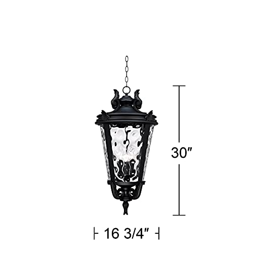 John Timberland Casa Marseille European Outdoor Hanging Ceiling Light Textured Black Scroll 30" Clear Hammered Glass Damp Rated for Exterior House Porch Patio Outside Deck Garage Front Door Home - color: Black, size: 30" High