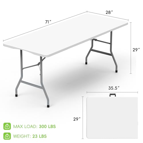 HLPB Folding Table - 2 Pcs, 6 ft Portable Camping Table with Handle and Safety Locks, Foldable Plastic Dining Table for Indoor/Outdoor Use, Perfect for Picnics and Parties