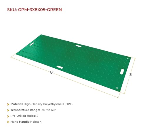 Mytee Products 3' x 8' Green Ground Protection Mats with Double Sided Diamond Plated Tread Design - High Density Polyethylene Mat, Easily Supports 90 Ton Loads on Lawns, Dirt, and Any Other Areas - color: Green, size: 1 - Pack