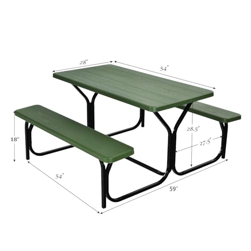 Giantex Picnic Table Bench Set Outdoor Camping All Weather Metal Base Yard Pool Dining Party Garden Patio Lawn Deck Large Camping Table (Green) - color: Green, size: 4.5FT