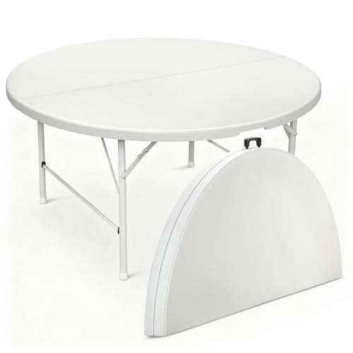 Magshion 60" Round Folding Table, 5 Feet Bi-Folding Plastic Commercial Dining Card Table w/Carrying Handle for Outdoor Wedding Party Event Picnic, White - color: White, size: 5Ft