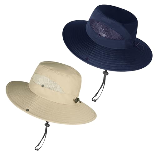 ZOORON Sun Hats for Men Women, Wide Brim Safari Hats UV Protection UPF50+ Waterproof Boonie Hats for Fishing Hiking Camping - color: 2pack-beige+navy