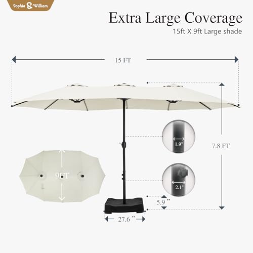 Sophia & William 15 ft Extra Large Patio Umbrella with Base Included, Rectangular Outdoor Umbrella Heavy Duty, Market Umbrella Double-sided Fade Resistant for Pool Garden Backyard, Ivory White - color: Ivory White