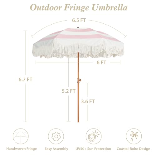 AMMSUN Boho Fringe Umbrella Outdoor Patio, 6.5ft UPF50+ Picnic Umbrella with Tassels with Steel Pole and Push Button Tilt, Pink Stripes - color: Pink Stripes