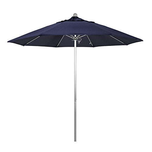 California Umbrella 9' Round Aluminum/Fiberglass Umbrella, Push Open, Silver Pole, Olefin Navy Blue Fabric - color: Navy Blue