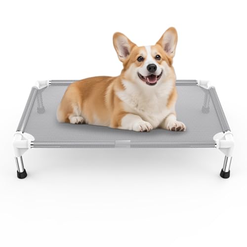 Elevated Dog Bed with Teslin Cooling Fabric - Lightweight Dog Cot for Small/Medium Dogs, Waterproof & Washable Breathable Mesh, Raised Pet Bed for Indoor Outdoor Use, Anti-Slip, Easy to Clean - size: (M-)-Gray