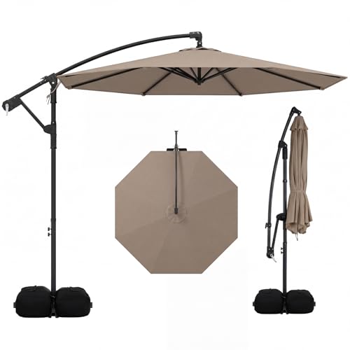 Tangkula 10ft Patio Umbrella with Base Included, Offset Cantilever Outdoor Umbrella with 360 Degree Rotation, Crank Handle, Sun-Protective Canopy for Pool Deck Garden Backyard (Tan) - color: Tan, size: 10 FT