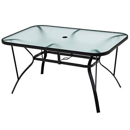 Tangkula 55" Patio Dining Table for 6, Rectangle Outdoor Dining Table with Tempered Glass Tabletop, Umbrella Hole & Metal Frame, 6-Person Outside Dining Table for Backyard, Lawn, Deck & Poolside - size: 55" x 35" x 28"