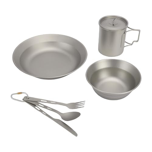 RiToEasysports Camping Utensils, Stainless Steel Cutlery Set with Plate Bowl Cup, Outdoor Dining Set for Hiking, Picnics, Backpacking, and Family Camping Adventures