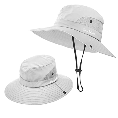 3 Pieces Womens Ponytail Wide Brim Sun Hat Packable UV Protection Beach Cap for Fishing & Hiking - color: Gray＆army Green＆beige