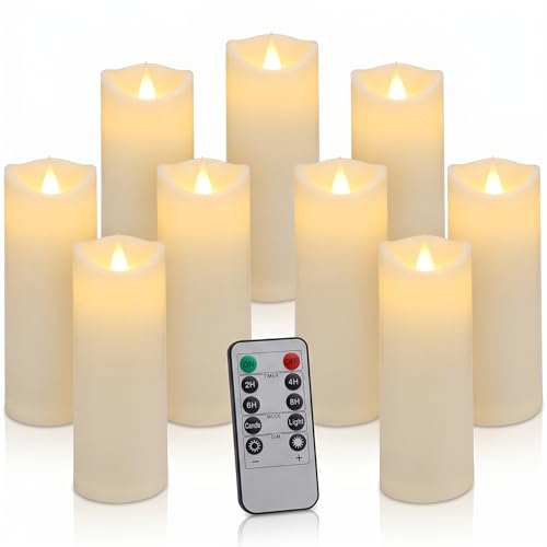 Enido 9pcs Flameless Candles with Remote, 2.2" x 5/6/7" Heat-Resistant Plastic LED Pillar Candles, Battery Operated Moving Wick Fake Candles with Timer, Realistic for Wedding, Outdoor, Home Decor - color: Cream