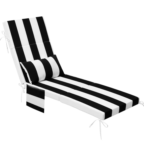 Crestlive Products Foldable Outdoor Chaise Lounge Cushions with Head Pillow and Side Pockets,Water Repellent & Fade Resistant Lounge Chair Cushion, 72''L x 21''W, Black Stripe - color: Stripe|black&white, size: 1PC|72"L x 21"W