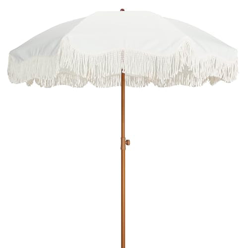 AMMSUN Boho Fringe Umbrella Outdoor Patio, 6.5ft UPF50+ Picnic Umbrella with Tassels with Steel Pole and Push Button Tilt, Antique White - color: Antique White