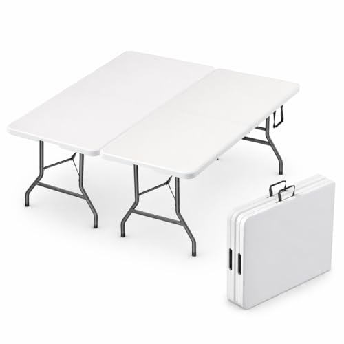 2 Pack of 6 Feet Foldable Table with Built in Handle & Steel Legs | Heavy Duty Portable | Perfect for Party, Dining, Wedding, Events, Picnic Indoor, Outdoor, Camping, Utility, Temporary - color: White, size: 2 Pack - 6 Ft