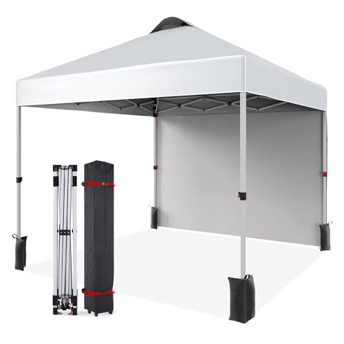 10x10 Ft Pop Up Canopy Tent with 1 Sidewall, Instant Portable Shelter with Vented Roof and Wheeled Carry Bag, Outdoor Sun Shade for Beach, Camping, Patio, Bonus 4 Canopy Sand Bags, White - color: White, size: 1 Side Wall