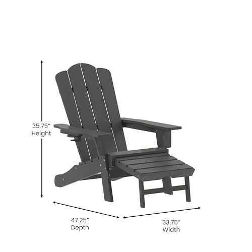 Flash Furniture Newport Poly Resin Adirondack Chair with Cup Holder and Pull Out Ottoman, All-Weather Poly Resin Indoor/Outdoor Lounge Chair, Gray - color: Grey, size: 47.25" - 33.25"dx33.75"wx35.75"h