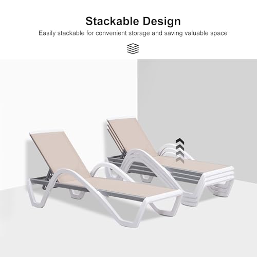 PURPLE LEAF Patio Chaise Lounge Chair with Armrests Outside Aluminum Plastic Stackable Tanning Chairs for Pool Sunbathing Beach Deck Outdoor Lounger, Khaki - color: Khaki, style: 1 chair(w/Arms)