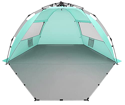 Oileus X-Large 4 Person Beach Tent Sun Shelter - Portable Sun Shade Instant Tent for Beach with Carrying Bag, Stakes, 6 Sand Pockets, Anti UV for Fishing Hiking Camping, Waterproof, Light Green - color: Light Green