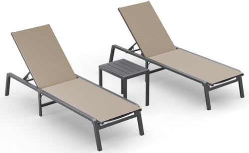 Ciokea Aluminum Foldable Lounge Chairs Set of 2 with 1 Outdoor Aluminum Side Table ，Perfect Match ，Suitable for Courtyard, Balcony, Lawn and Other Scenes，Khaki - color: Khaki, size: 2 Chairs + 1 Side Table (3pcs)