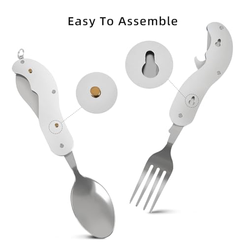 Leeko 4 in 1 Stainless Steel Portable Outdoor Pocket Knife Fork Spoon Diner Set Multi-function Tableware for Camping Hunting - color: Blue