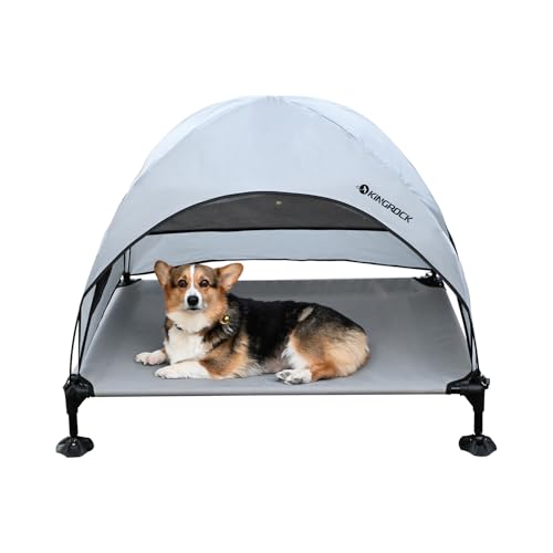 KINGROCK Elevated Dog Bed with Removable Canopy Portable Outdoor Pet Cot Waterproof 600D Oxford Fabric Anti Slip Feet for Large Dogs Camping Beach Indoor and Outdoor Use - color: Grey, size: 42.5"L x 30"W x 33"Th