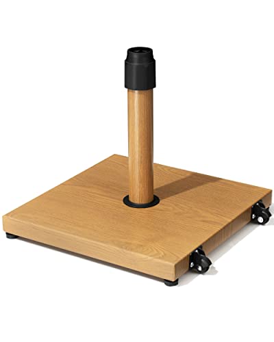 45lbs Patio Umbrella Base with Wheels, Heavy Duty Fringe Umbrella Stand Pre-Filled Concrete, No Sand/Water Needed, Fits 6-12ft Umbrella, Wind-Resistant for Deck, Poolside, Balcony - color: Teak