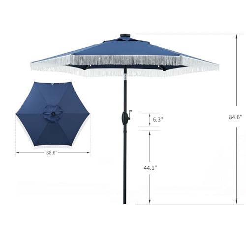 GDY 7.5ft Tassel Patio Umbrella and Matching Base, Outdoor Table Umbrella with 18 LED Lights,Market Umbrella with 6 Sturdy Ribs, with Push Button Tilt and Crank, Dark Blue - color: Dark Blue+18 Lights, size: Umbrella+Base