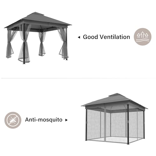 LAUSAINT HOME 10'x10' Outdoor Patio Gazebo with Mosquito Netting, Double Roof Outdoor Gazebo Pavilion Shelter for Backyard, Garden, Lawn, Wedding (Grey) - color: Gray, size: 10'x10' - w/o curtains