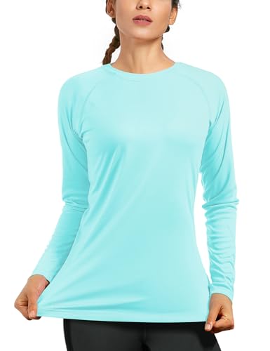 isnowood Women's Sun Protection Long Sleeve Shirts, UPF 50+ UV Rash Guard Swim Shirt, Workout Hiking Running Athletic Tops - color: Baby Blue, size: Large