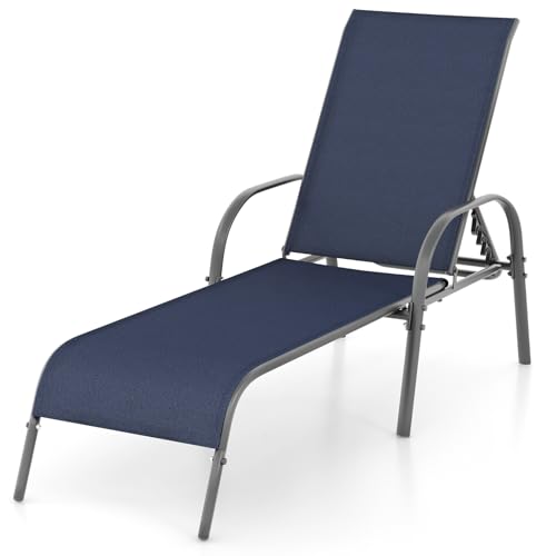 Giantex Patio Lounge Chair, Outdoor Chaise Lounge with 5 Adjustable Backrest, Sturdy Steel Frame, Sunbathing Recliner, Tanning Chair for Beach, Outside, Yard, Balcony, Pool Chairs, Navy - color: Navy