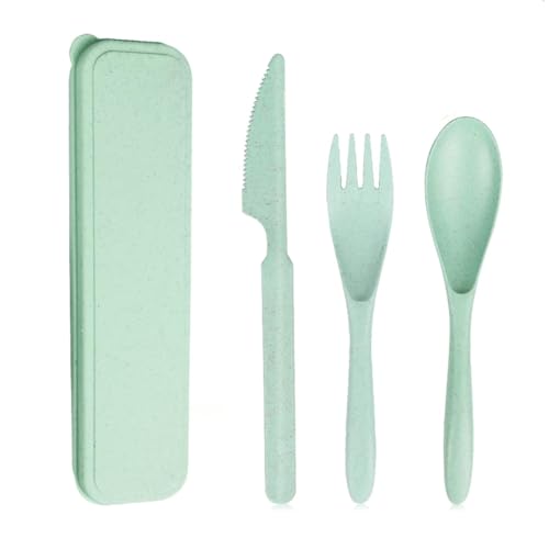 3-in-1 Portable Cutlery Set with Case – Reusable Camping Utensils – Travel Fork, Knife, Spoon Set for Camping, Picnic, Green - color: Green