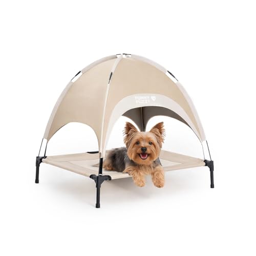 FUNNY FUZZY Elevated Dog Bed with Canopy, Small (24"x18"x7") – Outdoor Raised Dog Cot with Shade, Cooling Breathable Mesh Pet Bed, Portable Waterproof Dog Camping Bed for Large Medium Small Dogs,Khaki - color: Khaki, size: Small