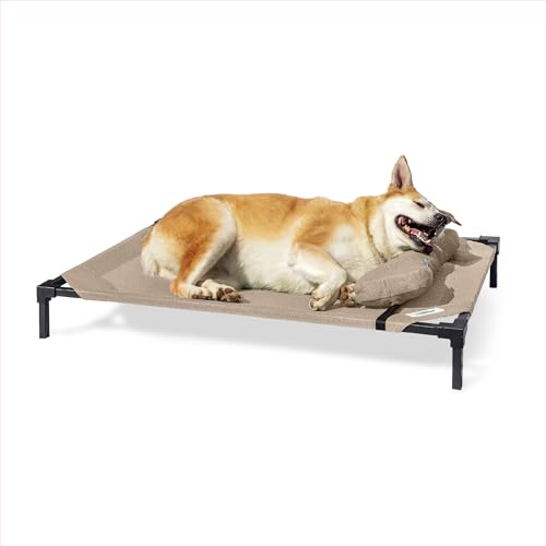 Coolaroo Pro Elevated Dog Bed with HeatShield Fabric – Advanced Cooling Raised Cot for Medium & Large Breeds, Easy-Clean, Low-to-Ground Access, Bonus Bolster Pillow – Great Sandy Beige - color: Great Sandy Beige, size: Large