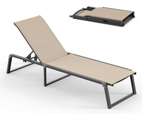 Aluminum Chaise Lounge Chair Outdoor, Foldable& No Assembly Patio Pool Lounge Chairs 5-Position Recliner for Outside, Fully Grounded Legs Sun Lounger for Poolside, Khaki, 1 Pack - color: Khaki, size: 1