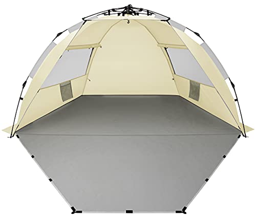 Oileus X-Large 4 Person Beach Tent Sun Shelter - Portable Sun Shade Instant Tent for Beach with Carrying Bag, Stakes, 6 Sand Pockets, Anti UV for Fishing Hiking Camping, Waterproof Windproof, Khaki - color: Khaki