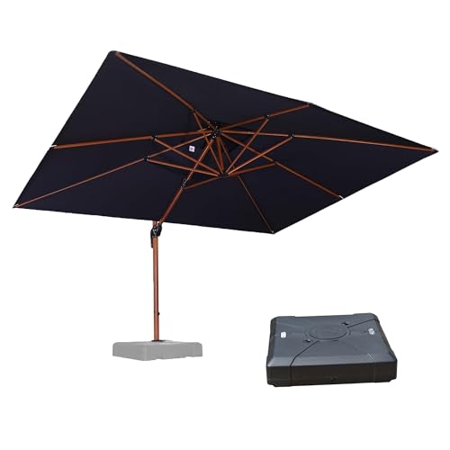 PURPLE LEAF 10' X 13' Double Top Deluxe Wood Pattern Rectangle Patio Umbrella with Base Offset Hanging Umbrella Outdoor Market Umbrella Garden Umbrella, Navy Blue - color: Navy Blue, size: 10'X13', style: Base Included