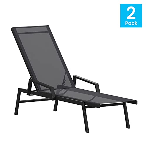 Flash Furniture Brazos Set of 2 Adjustable Chaise Lounge Chairs with Arms, All-Weather Outdoor Five-Position Recliners, Black/Black - color: Black/Black, size: Set of 2