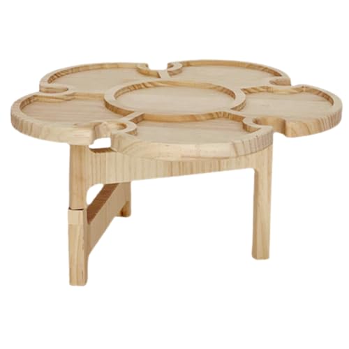 Ciieeo Portable Foldable Wood Wine Desk Outdoor Picnic Beverage Table Small Beach Camping Side Table with Tray 35cm Diameter for Travel BBQ and Lawn Use