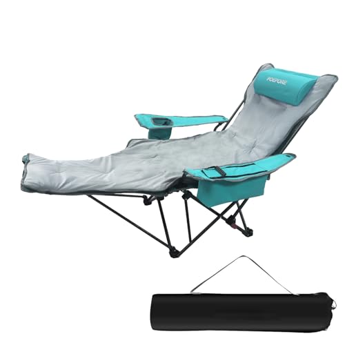 Reclining Camping Chair 4 Position with Foot Rest Comfortable for Adults 265Ibs Folding Lounger Mesh Beach Chair with Cooler Bag,Cotton Cushion and Cup Holder for Outdoor Patio - color: Cyan, style: Single with Cotton Pad