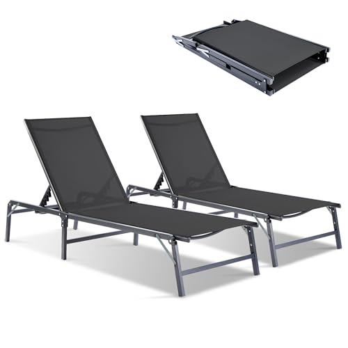 Outdoor Chaise Lounge Chair Set of 2, Foldable & Assemble-Free, 6 Adjustable Positions, Durable Rust-Resistant Frame, Portable Outdoor Pool Lounge Chairs for Pool Patio Beach, Black - color: Black, size: 2-Pack（Basic）