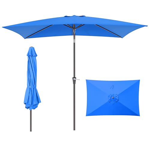 HASLE OUTFITTERS Rectangular Patio Umbrella, 6.5 x 10 ft Rectangle Table Umbrellas w/Heavy Duty Ribs, Effortless Crank and Push Button Tilt, Wind Resistant Sun Umbrella for Outdoor Patio, Blue - color: Blue