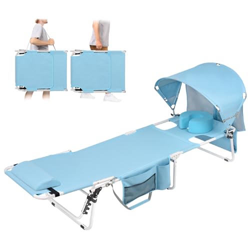 Oversized Extra Wide Tanning Chair with Sun Canopy Face Hole Padded Adjustable Washable, Heavy Duty Layout Folding Lounge Chair for Outside Beach Reading Sunbathing, UPF 50+, XL, Plus Size, 330 LBS - color: Blue, size: Oversized