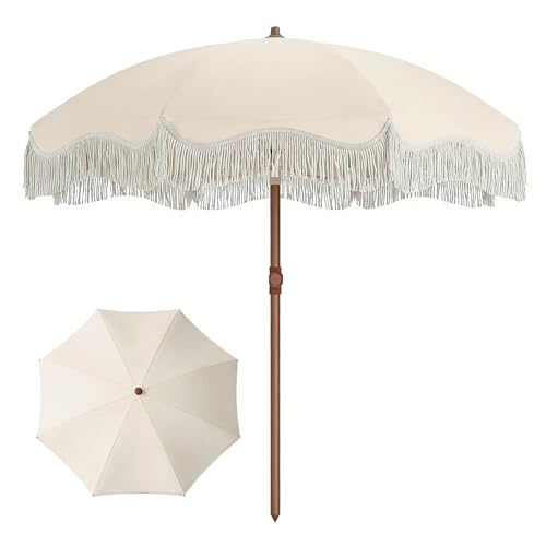 7ft Patio Umbrella with Fringe, Boho Beach Umbrellas, Outdoor Tassels Umbrellas with Push Button Tilt & Carrying Bag, 8 Windproof Fiberglass Ribs, UPF50+ - color: Creamy-white