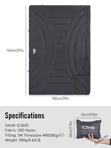 iClimb 3M Thinsulate Insulation Warm Camping Blanket Ultralight Compact - color: Dark Grey, size: 39” × 57”, 0.62 lb